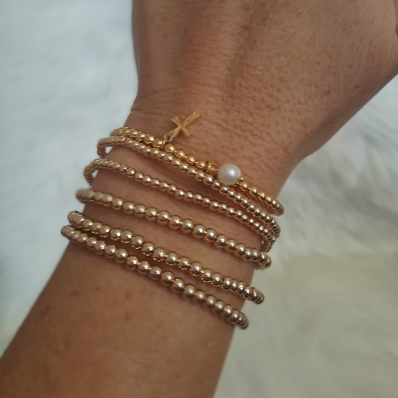 Gold Beaded Bracelet with Gold Cross Charm & Faux Pearl Charm - Picture 2 of 7